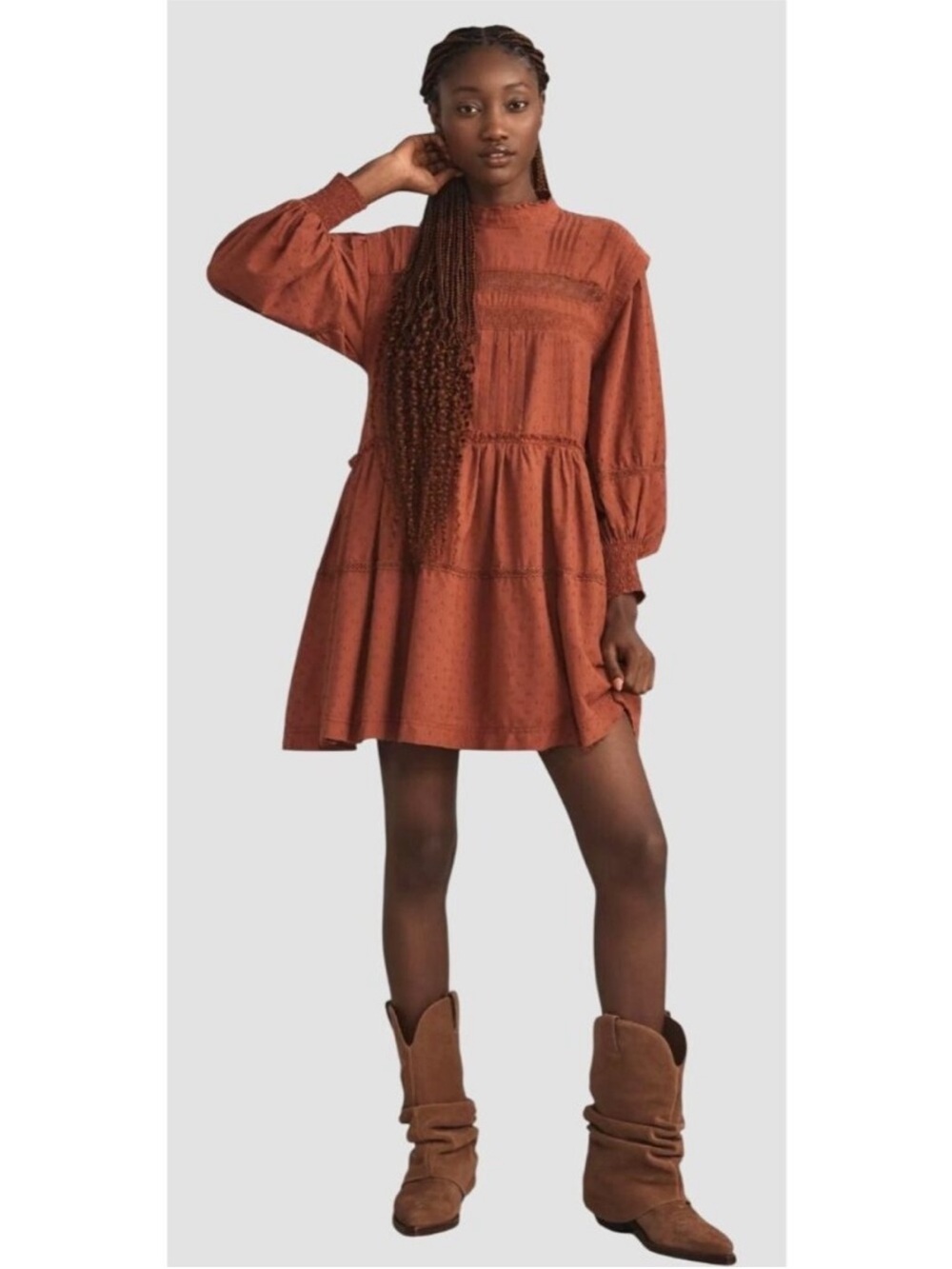 Anthropologie Pilcro Long Sleeve Mock Neck Swing Mini Dress Sz XL Rust Babydoll
